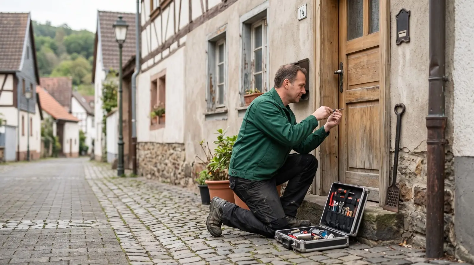 Schlüsseldienst Grävenwiesbach: Monteur prüft das Schloss an einer Eingangstür