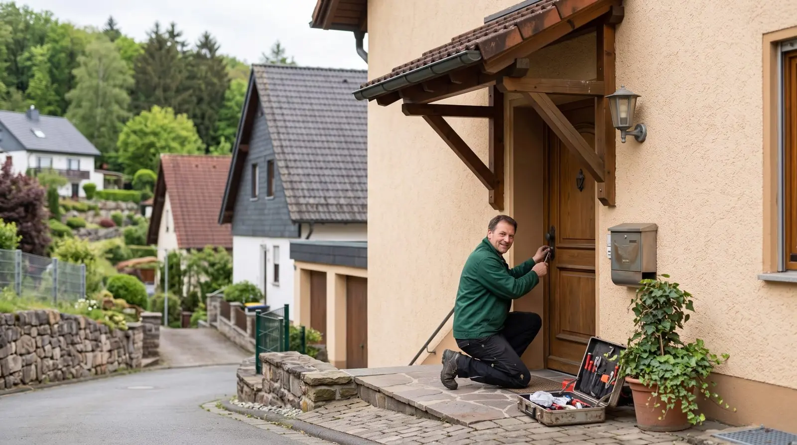 Schlüsseldienst Kelkheim: Monteur prüft das Schloss an einer Eingangstür