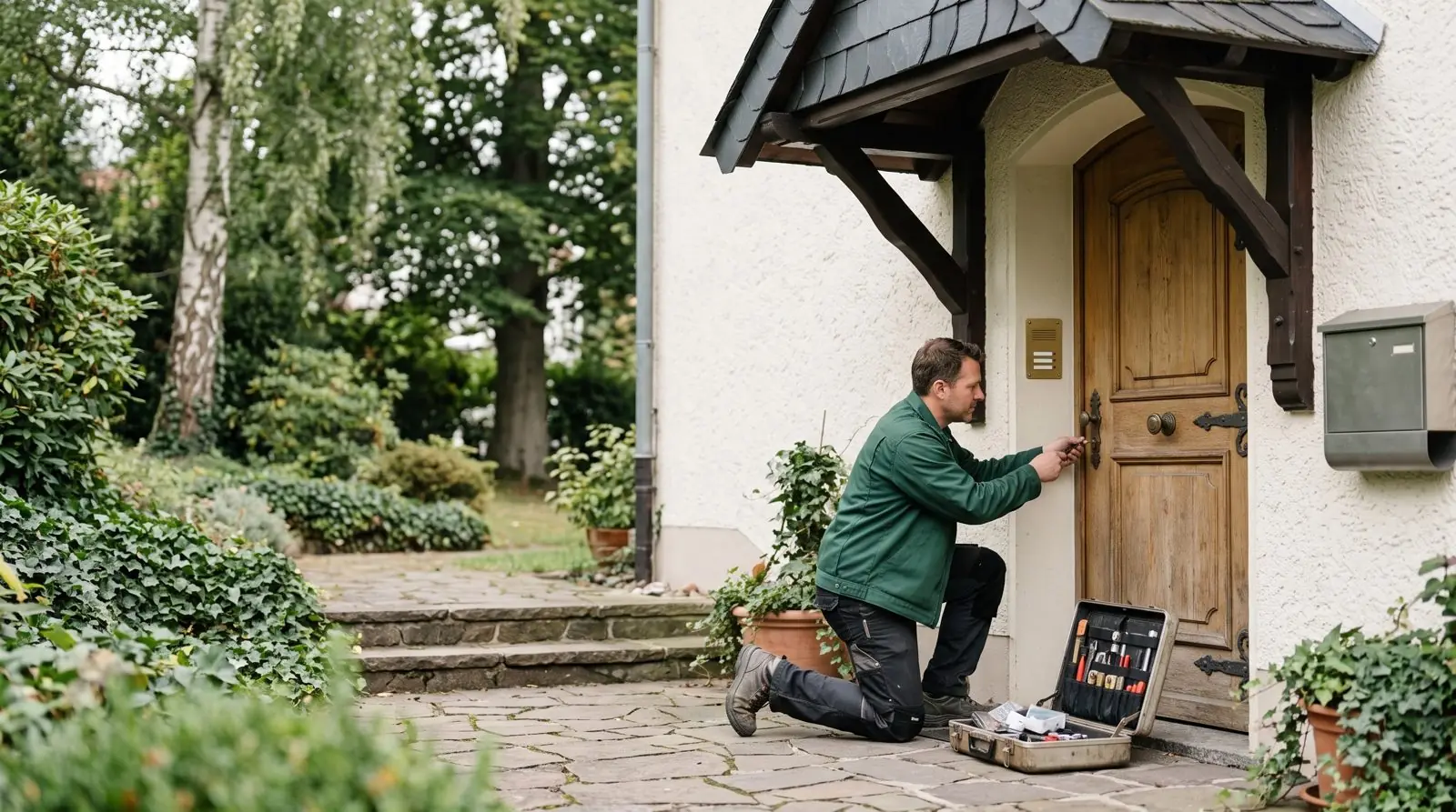 Schlüsseldienst Kronberg: Monteur prüft das Schloss an einer Eingangstür