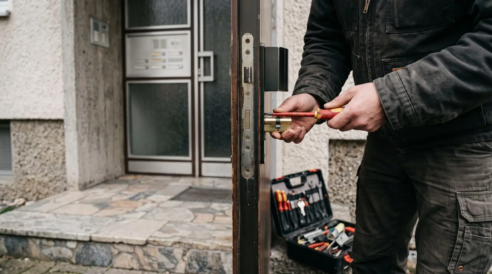 Schlüsseldienst Oberursel: Monteur bei der Arbeit an einer Tür