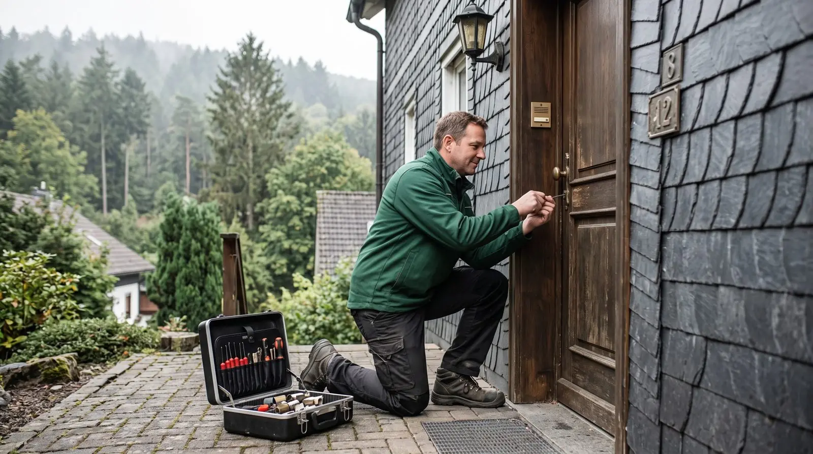Schlüsseldienst Schmitten: Monteur prüft das Schloss an einer Eingangstür