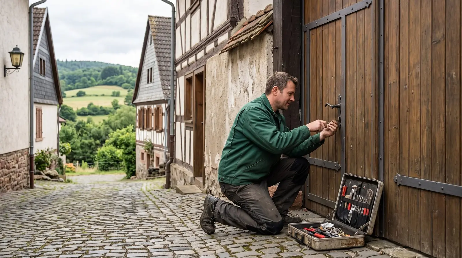 Schlüsseldienst Weilrod: Monteur prüft das Schloss an einer Eingangstür